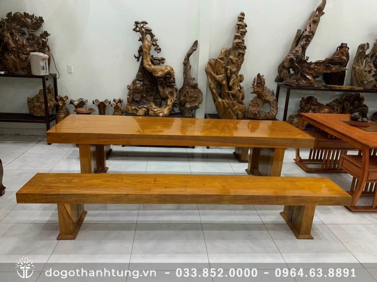 Bộ bàn ghế gỗ Lim nguyên tấm 3 món - Đồ Gỗ Thanh Tùng