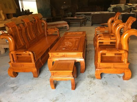 Bộ bàn ghế 6 món Tần Thủy Hoàng cột 12 gỗ Gõ đỏ phun màu trần cực đẹp