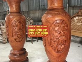 Chi tiết đục khắc trên thân lục bình 1m8 rất tinh xảo, nét đục sâu tranh Tùng - Cúc - Trúc - Mai