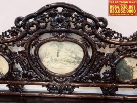 Cận cảnh tựa chính gỗ gụ đá cẩm thạch, xung quanh đục khắc Trúc Nho đep