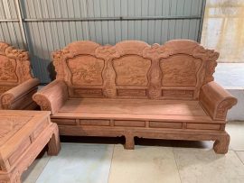 Phông ghế liền dày 4 phân đục tranh Sơn thủy hữu tình, mặt ván dày dặn nguyên khối vân hoa lựa tuyển