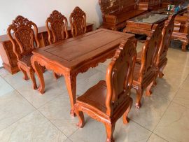 Bàn ghế ăn cao cấp gỗ hương đá phun PU bóng mờ kiểu dáng hoàng gia