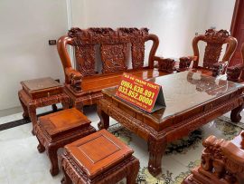 Bộ bàn ghế 10 món chế tác từ 100% gỗ hương đá nguyên khối quý hiếm, yếm 2 tầng uốn cong mềm mại