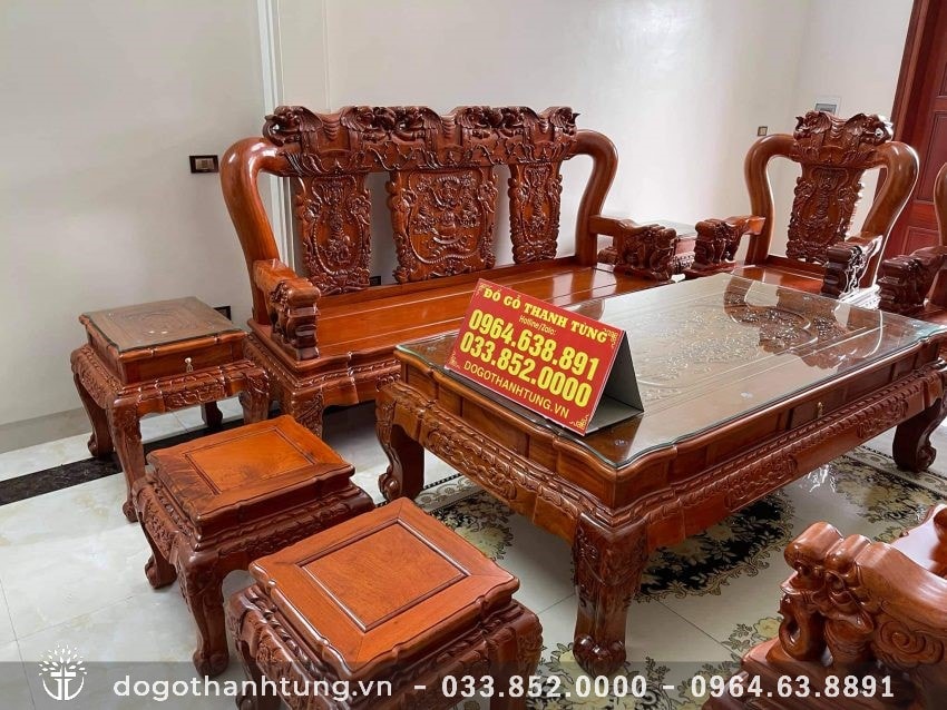 Bộ bàn ghế 10 món chế tác từ 100% gỗ hương đá nguyên khối quý hiếm, yếm 2 tầng uốn cong mềm mại