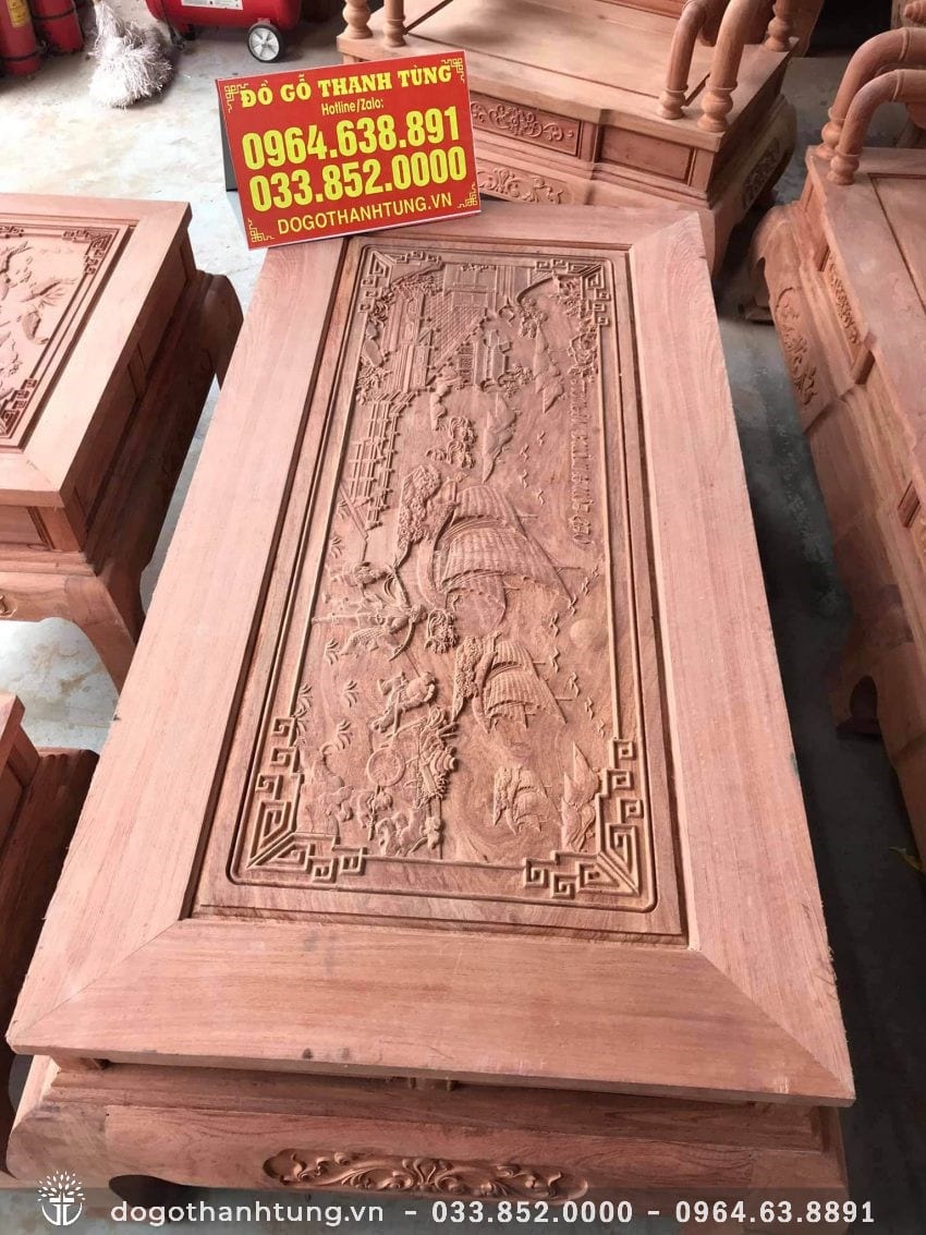 Mặt bàn gỗ hương đá đục sâu sắc nét tranh Thuận Buồm Xuôi Gió, vừa thẩm mỹ vừa mang ý nghĩa phong thủy