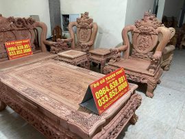 Mặt bàn đục tranh tứ linh quần tụ - 4 con vật tượng trưng cho 4 mùa, thể hiện sức mạnh của đất trời, biểu tượng của sự cao sang quyền quý