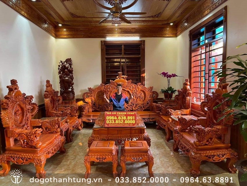 Bàn ghế Rồng Đỉnh gỗ gõ đỏ 12 món - anh Phương (Mê Linh, HN)