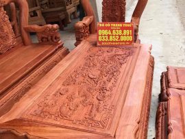 Măt bàn gỗ hương nguyên khối đục tranh tứ linh Long - Lân - Quy - Phượng sắc nét, tranh phong thủy thu hút tài lộc cho gia chủ, vượng khí cho căn phòng