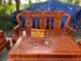 Mặt bàn gỗ hương đá nguyên khối đục họa tiết Trống đồng sắc nét, Rồng - Phượng múa lượn sinh động