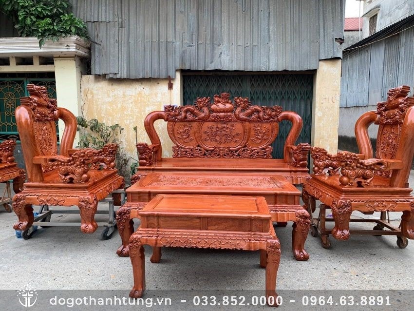 Bộ Minh Quốc Nghê đỉnh Rồng chầu tay cột 14 gỗ hương đá - Chị Hương (Bình Thuận)