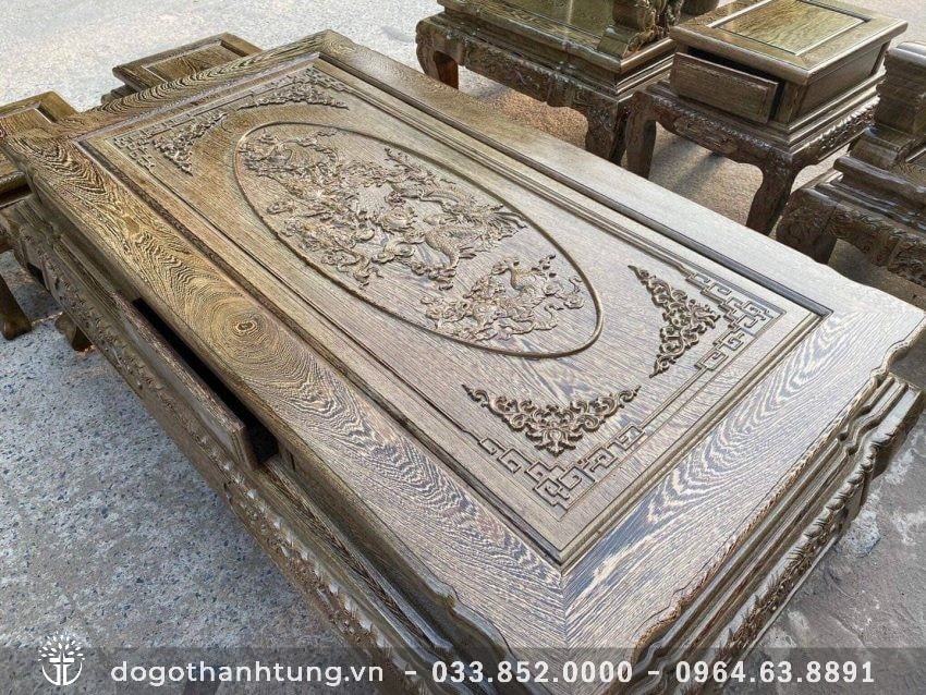 Mặt bàn nguyên tấm gỗ mun đuôi công đục Long Lân Quy Phụng sum vầy tuyệt đẹp
