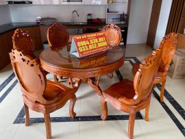 Bộ bàn ăn tròn 6 ghế kiểu dáng hoàng gia quý tộc, mặt bàn lắp thêm kính xoay hiện đại để thuận tiện trong bữa ăn