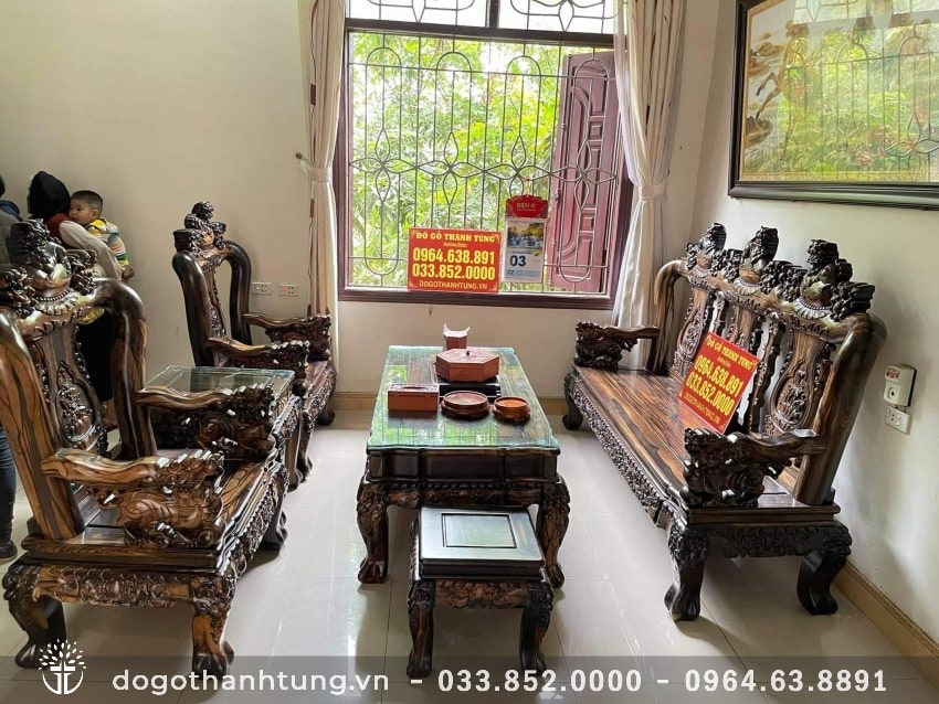 Bộ Bàn Ghế Minh Quốc Nghê Bảo Đỉnh Tay 12, bộ 6 món, chương liền, tay liền nguyên khối đục nguyên con Nghê