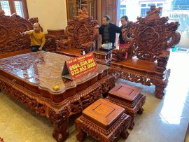 Bộ Rồng khuỳnh Nghê đỉnh hàng đại 12 món, yếm cong mềm mại, vân veo lựa tuyển từ cây gỗ già trăm tuổi