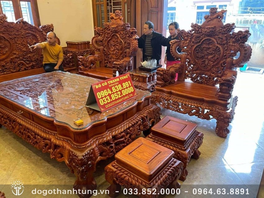 Bộ Rồng khuỳnh Nghê đỉnh hàng đại 12 món, yếm cong mềm mại, vân veo lựa tuyển từ cây gỗ già trăm tuổi