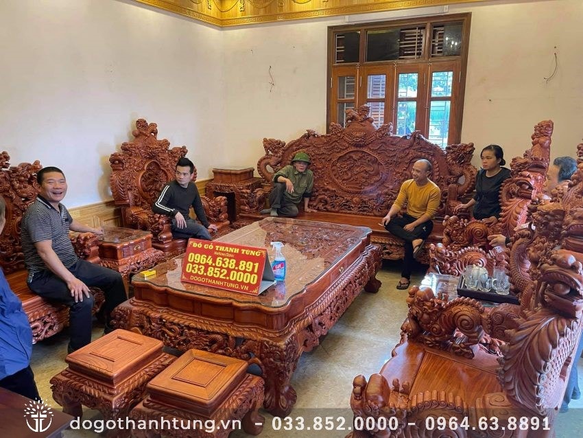 Bàn ghế Rồng Đỉnh vách ghép đặc Nguyên khối gỗ Hương Đá 12 món