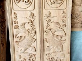 Cặp tranh gỗ Lý Ngư Vọng Nguyệt kt 127x38x4 cm, gỗ gõ đỏ còn nguyên mộc