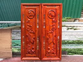 Cặp tranh gỗ Song Như Vọng Nguyệt Phúc Đức gỗ hương đỏ Nam Phi, đóng khung kép độc đáo, KT 109x39x3.5 cm