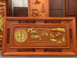 Tranh gỗ đồng hồ Cha Mẹ dát vàng chạm cảnh sắc đẹp