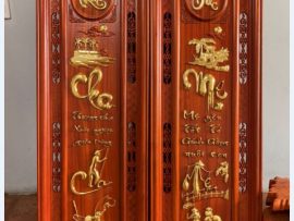 Câu đối Cha Mẹ kèm chữ thư pháp Phúc - Đức dát vàng. Khung tranh kép chạm hoa văn đẹp