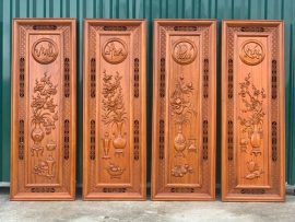 Bộ tranh Tứ Bình - Tùng, Cúc, Sen, Mai chạm nổi, sơn PU dưỡng gỗ.