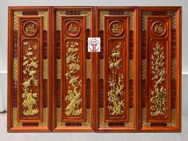 Tranh gỗ Tứ Bình Vinh Hoa Phú Quý chạm nổi dát vàng, khung tranh kép tuyệt đẹp