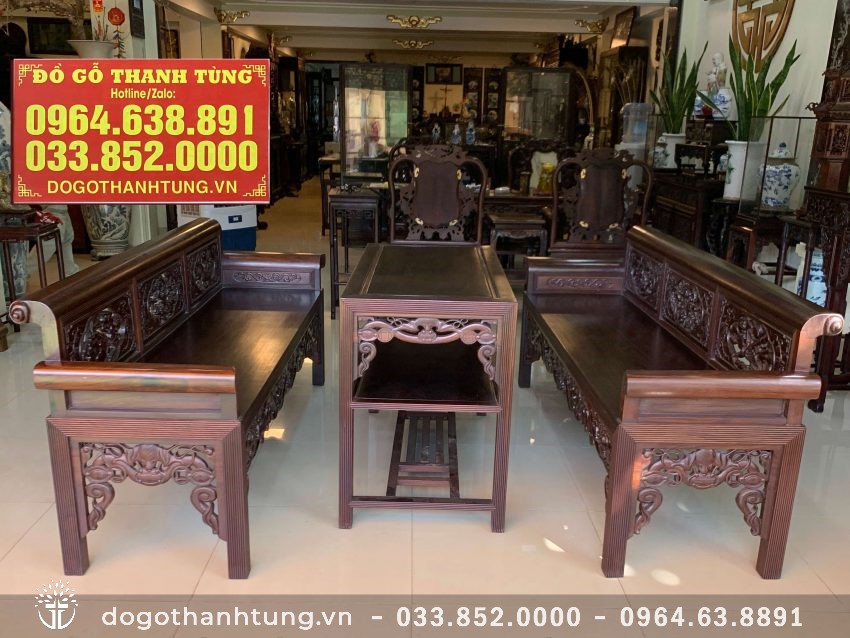 Tổng thể bộ bàn ghế trường kỷ Sen Vịt chạm xen kẽ hình tượng Tam Sư - Phúc Tiền gỗ gụ 