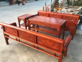 Bàn ghế trường kỷ vai lật chạm Tứ Quý kinh điển gỗ lim