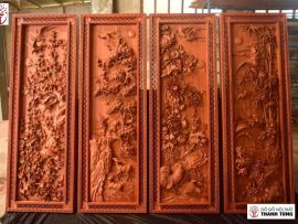 Tranh gỗ Tứ Quý chạm tiểu cảnh 4 mùa sinh động, khung tranh kép