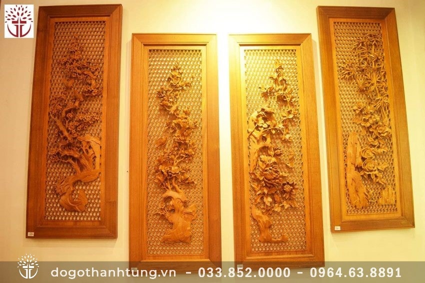 Tranh phong thủy Tùng Cúc Trúc Mai gỗ hương đục kênh bong trên nền tổ ong độc đáo