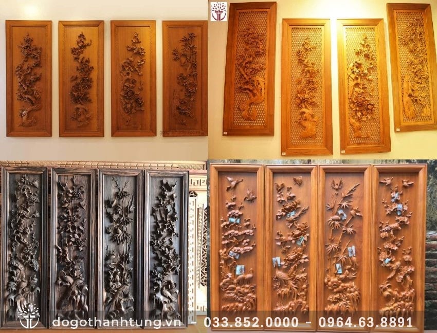 Mẫu Tranh gỗ Tứ Quý đục tay kênh bong sắc nét