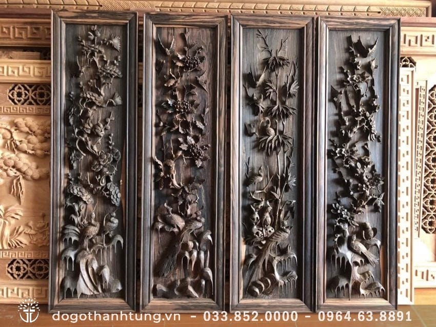 Bộ tranh Tứ quý gỗ mun còn nguyên mộc, đục kênh bong hoàn toàn bằng tay