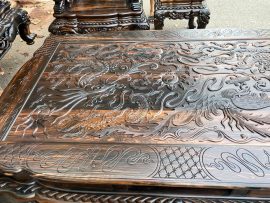 Mặt bàn đóng khung tranh, chạm vảy nền Long Lân Quy Phụng chầu nguyệt - Tứ linh mang lại sự may mắn, tài lộc, xua đuổi tà khí cho gia chủ