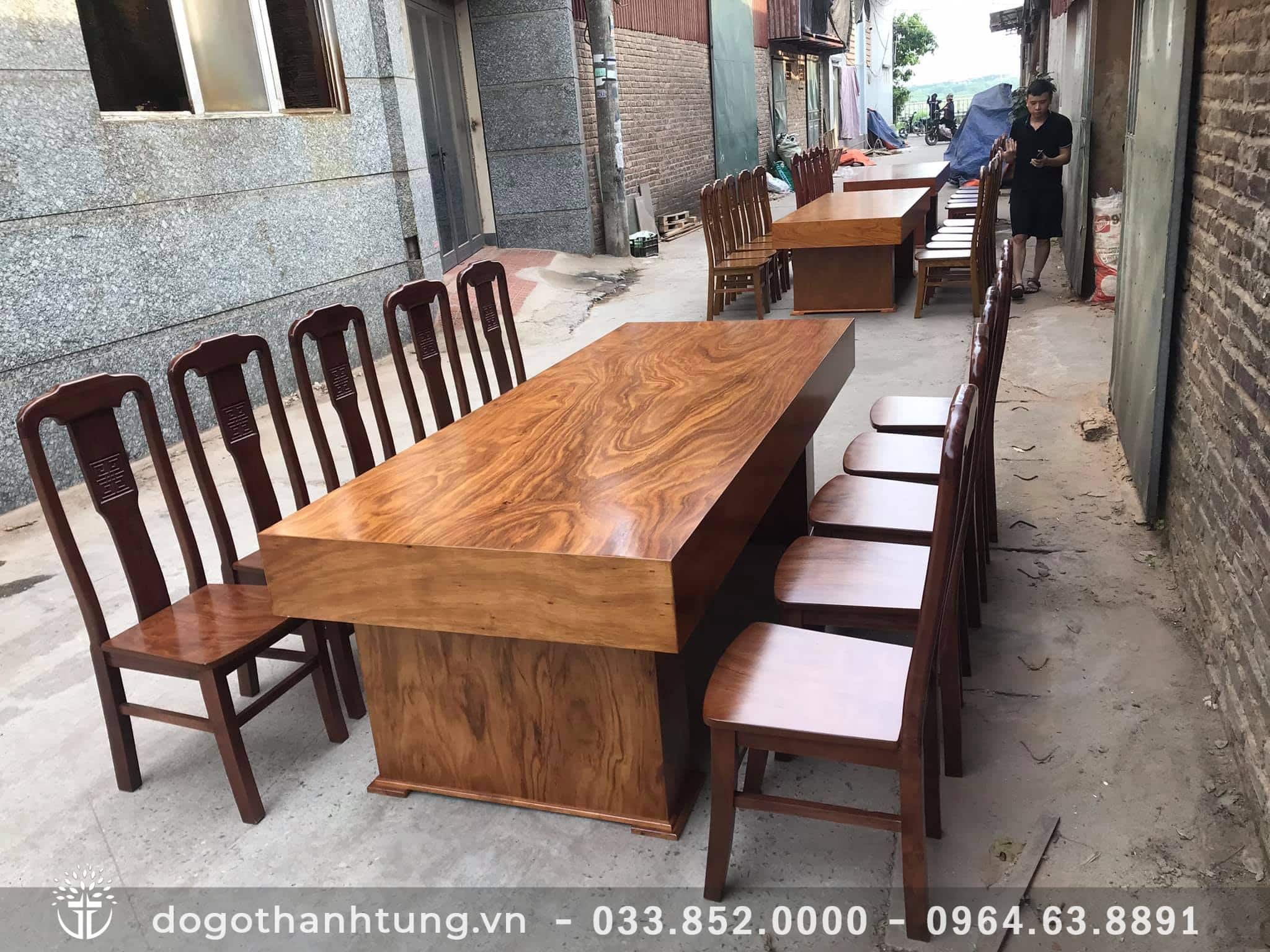 Bộ bàn ăn giả nguyên khối gỗ hương xám (10 ghế + 1 bàn)