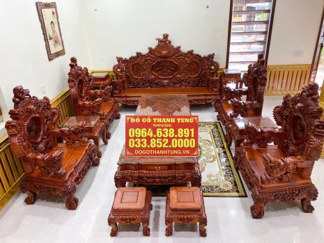 Bộ bàn ghế Rồng Đỉnh gỗ Hương đỏ Lào 13 món - anh Tuấn (Lai Châu)