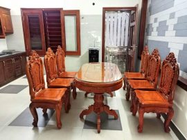 Bộ bàn ăn bầu dục 6 ghế louis hoa hồng gỗ gõ đỏ (chú Hải, Bắc Ninh)