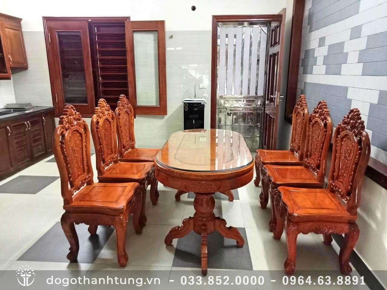 Bộ bàn ăn bầu dục 6 ghế louis hoa hồng gỗ gõ đỏ (chú Hải, Bắc Ninh ...