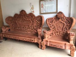 Bộ bàn ghế Cửu Long Bát Mã 2m8 gỗ hương Lào hàng đục gọt đẹp 12 món