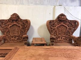 Cặp ghế đơn và đôn kẹp bộ bàn ghế gỗ hương Lào Cửu Long Bát Mã