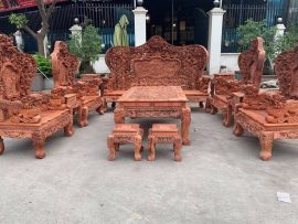 Bộ bàn ghế Cửu Long Bát Mã 2m3 gỗ hương Lào 12 món đục 2 mặt siêu VIP