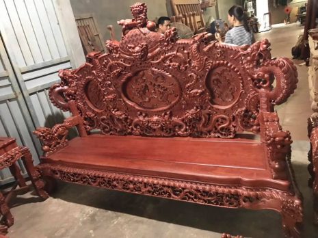 Bộ bàn ghế Rồng đỉnh 2m6 gỗ hương đỏ Lào 12 món đục tay đẳng cấp