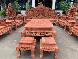 Bộ 12 món bàn ghế Rồng Đỉnh gỗ hương đỏ Lào hàng đục tay siêu đẳng cấp