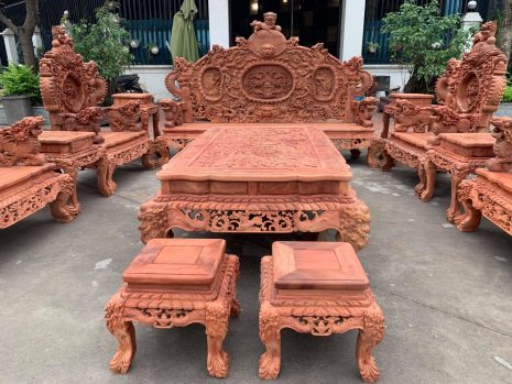 Bộ 12 món bàn ghế Rồng Đỉnh gỗ hương đỏ Lào hàng đục tay siêu đẳng cấp