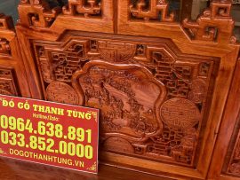 Vách chính diện họa tranh đẹp, đục tiền vàng và chữ Phúc trang trí