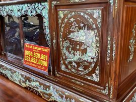 Cánh tủ khảm ốc đẹp tranh vinh quy bái tổ trên nền gỗ gụ quý hiếm