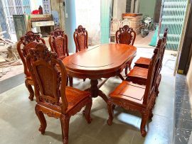 Bộ bàn ăn bầu dục gỗ xoan đào 8 ghế