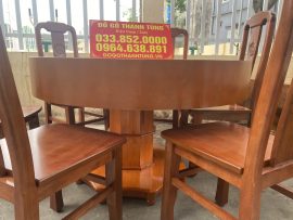 Bộ bàn ăn tròn 1m2 đóng hộp gỗ xoan đào 6 ghế đục chữ thọ