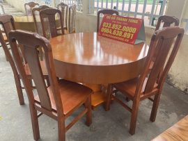 Bộ bàn ăn tròn 1m2 đóng hộp gỗ xoan đào 6 ghế đục chữ thọ