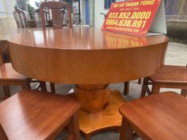 Bộ bàn ăn tròn 1m2 đóng hộp gỗ xoan đào 6 ghế đục chữ thọ