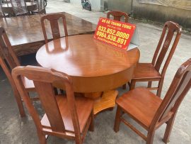Bộ bàn ăn tròn 1m2 đóng hộp gỗ xoan đào 6 ghế đục chữ thọ
